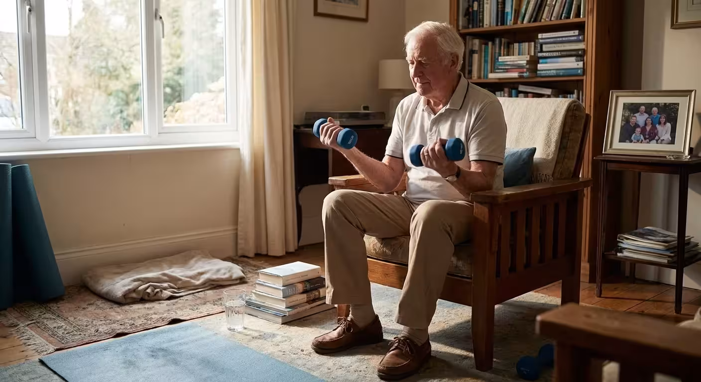 A senior man practices bicep curls with light dumbbells in his living room, showing accessible home resistance training.