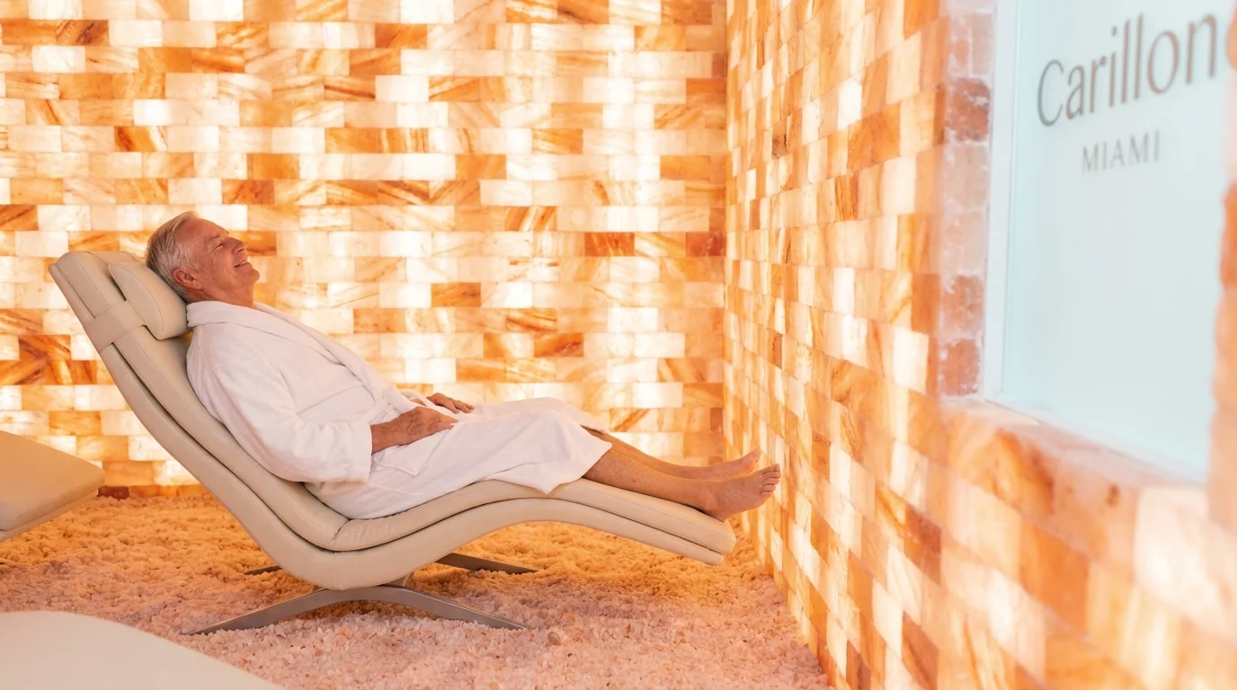 A senior man relaxes in a glowing Himalayan salt room, a specialized wellness treatment offered in Miami.