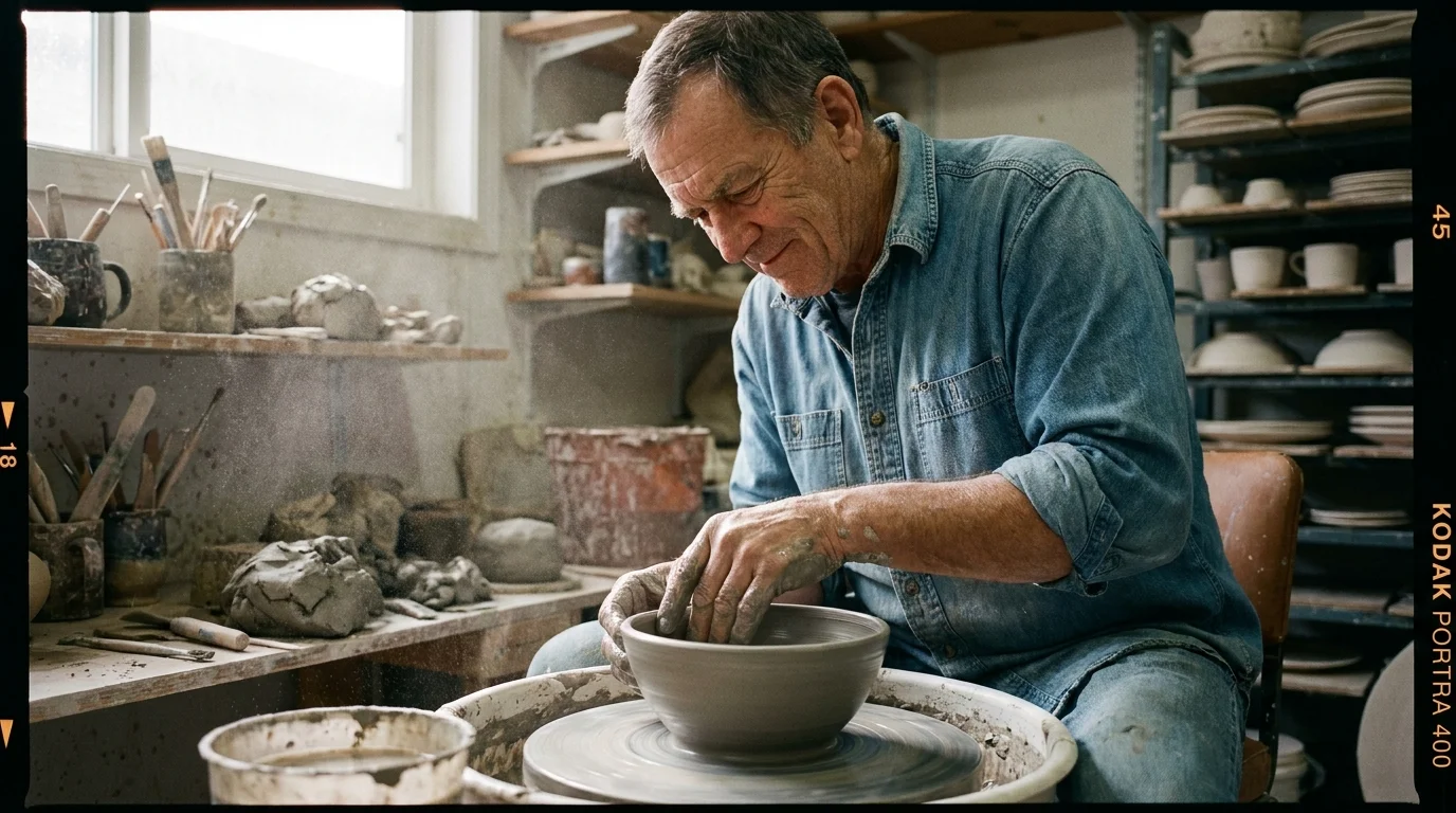 A senior man with clay on his hands focusing intently on a pottery wheel in a sunlit studio.