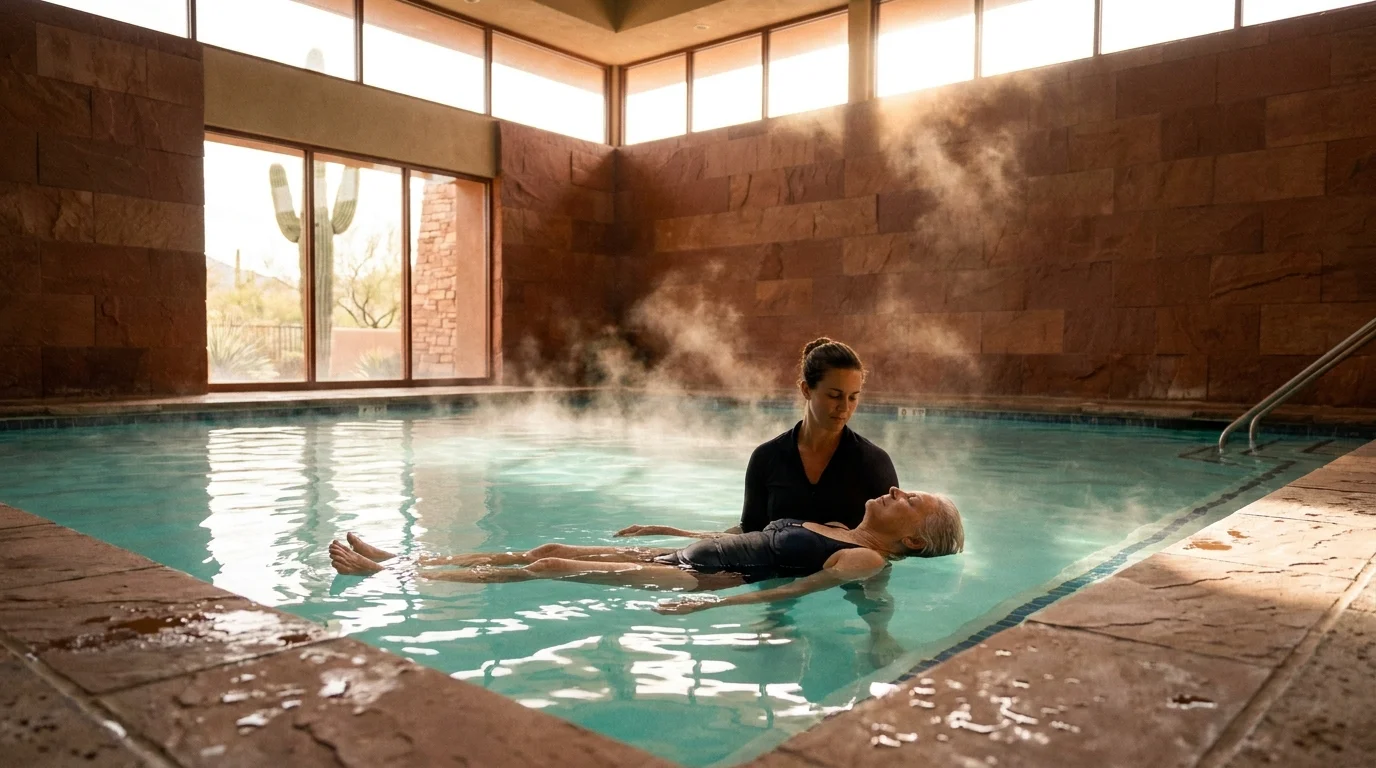 A senior woman floats weightlessly in a warm pool during a Watsu therapy session at a desert spa, guided by a specialist.