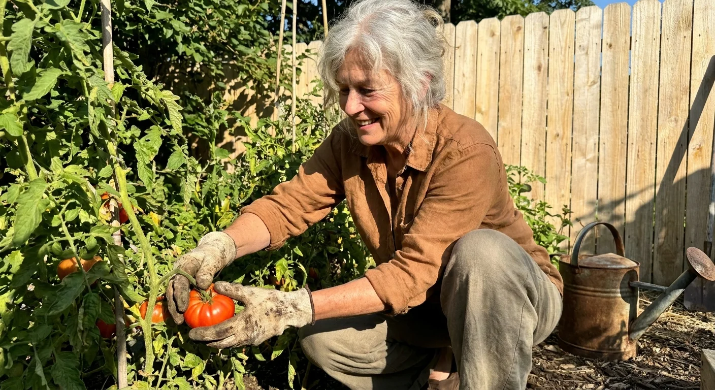 A senior woman gardening in her backyard, smiling while picking a fresh tomato in the morning sun.