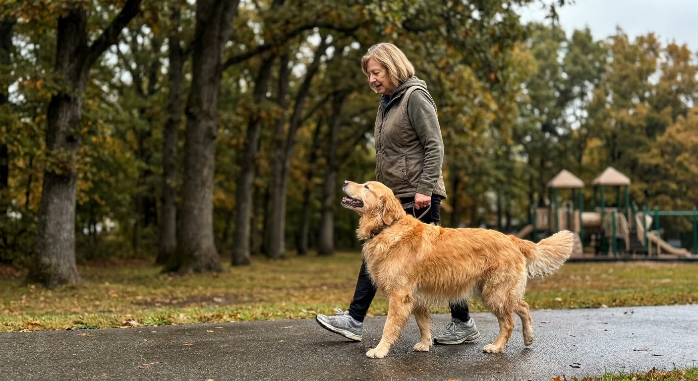 A senior woman happily walking a Golden Retriever dog along a park path.