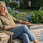 A senior woman in casual clothes sits peacefully on a sunlit wooden porch with a book and tea, enjoying a quiet retirement afternoon.