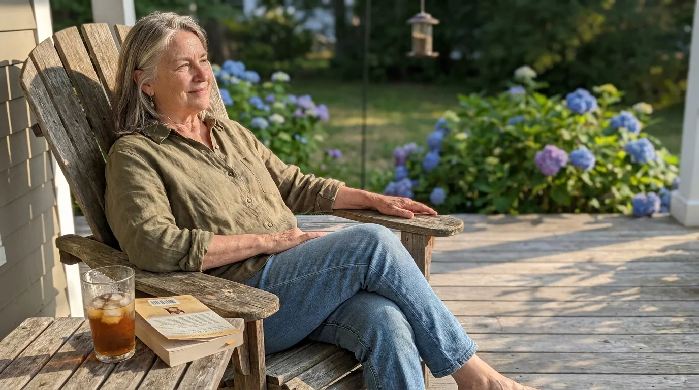 A senior woman in casual clothes sits peacefully on a sunlit wooden porch with a book and tea, enjoying a quiet retirement afternoon.