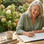 A senior woman laughing while writing in a paper calendar on a sunny patio, surrounded by tea and books.