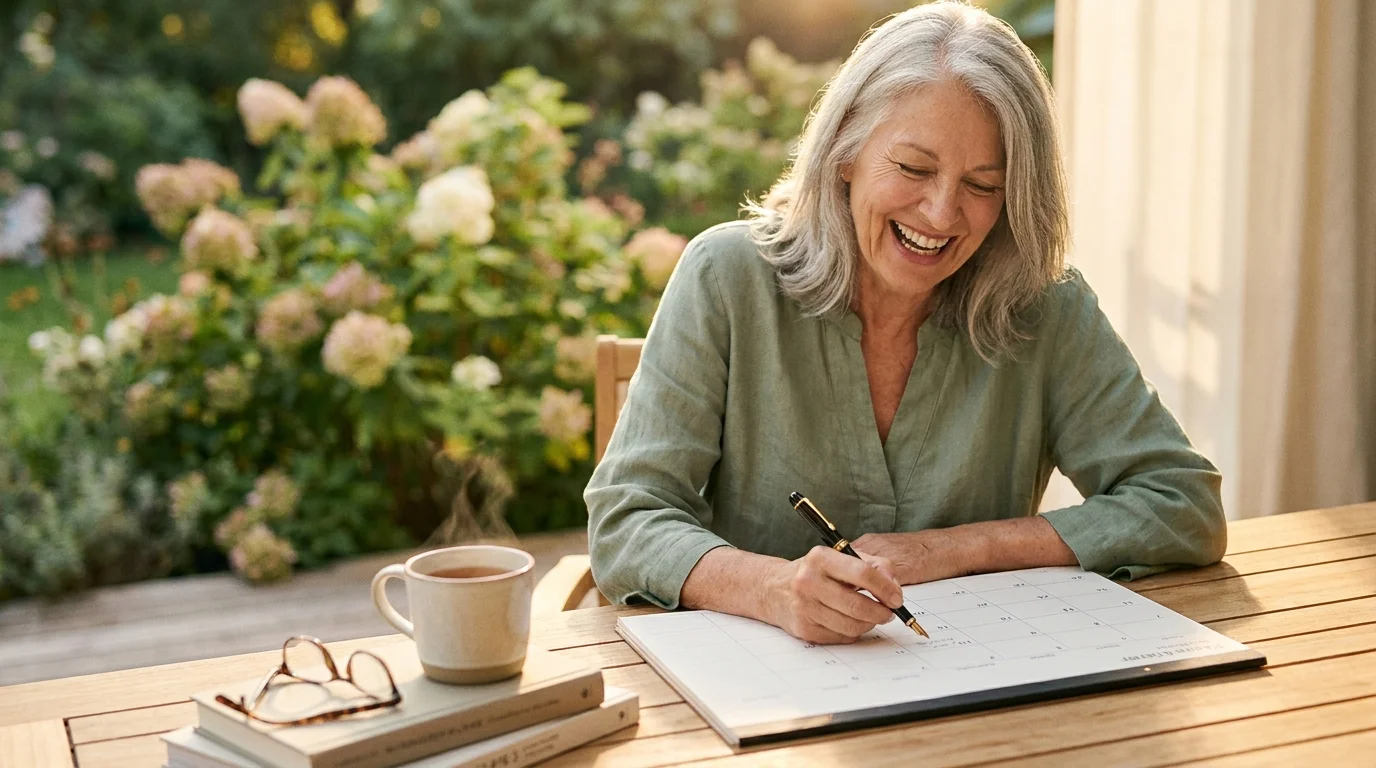 A senior woman laughing while writing in a paper calendar on a sunny patio, surrounded by tea and books.