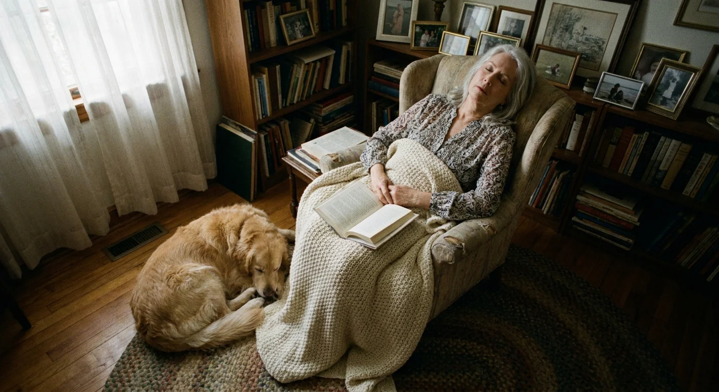A senior woman napping in a comfortable chair with a book and her dog by her side.