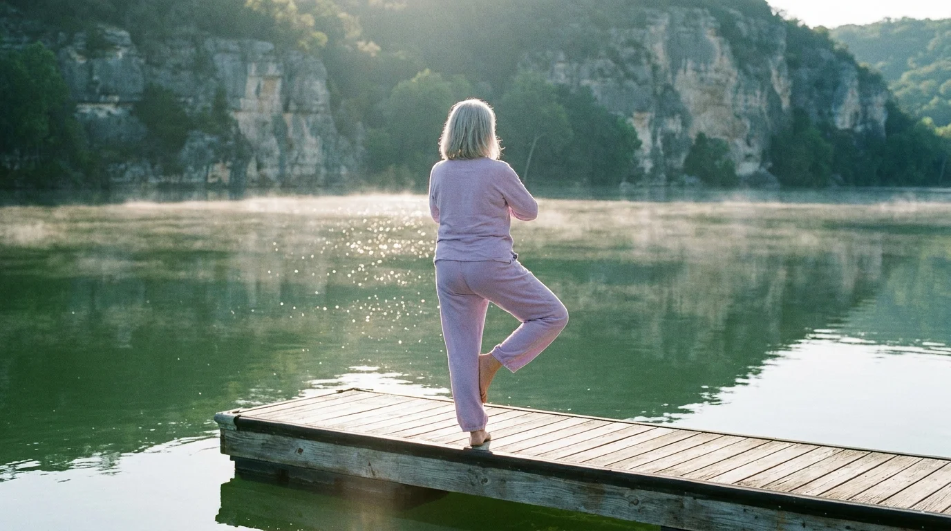 A senior woman practices gentle yoga on a wooden dock overlooking the tranquil, green waters of Lake Austin.
