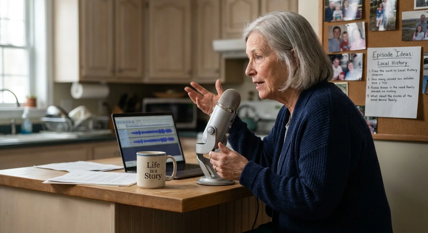 A senior woman records a podcast at her kitchen island, surrounded by personal mementos and a USB microphone.
