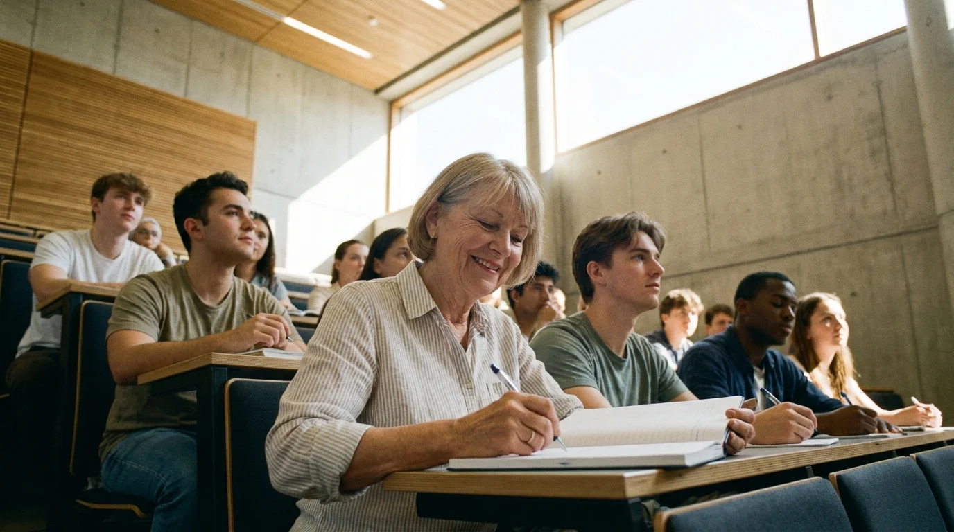 A senior woman sitting in a university lecture hall, taking notes and appearing engaged in the lesson.