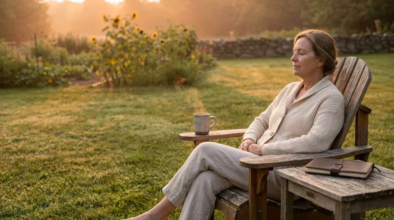 A senior woman sitting peacefully in an Adirondack chair in a sunlit garden with a cup of tea and a journal.