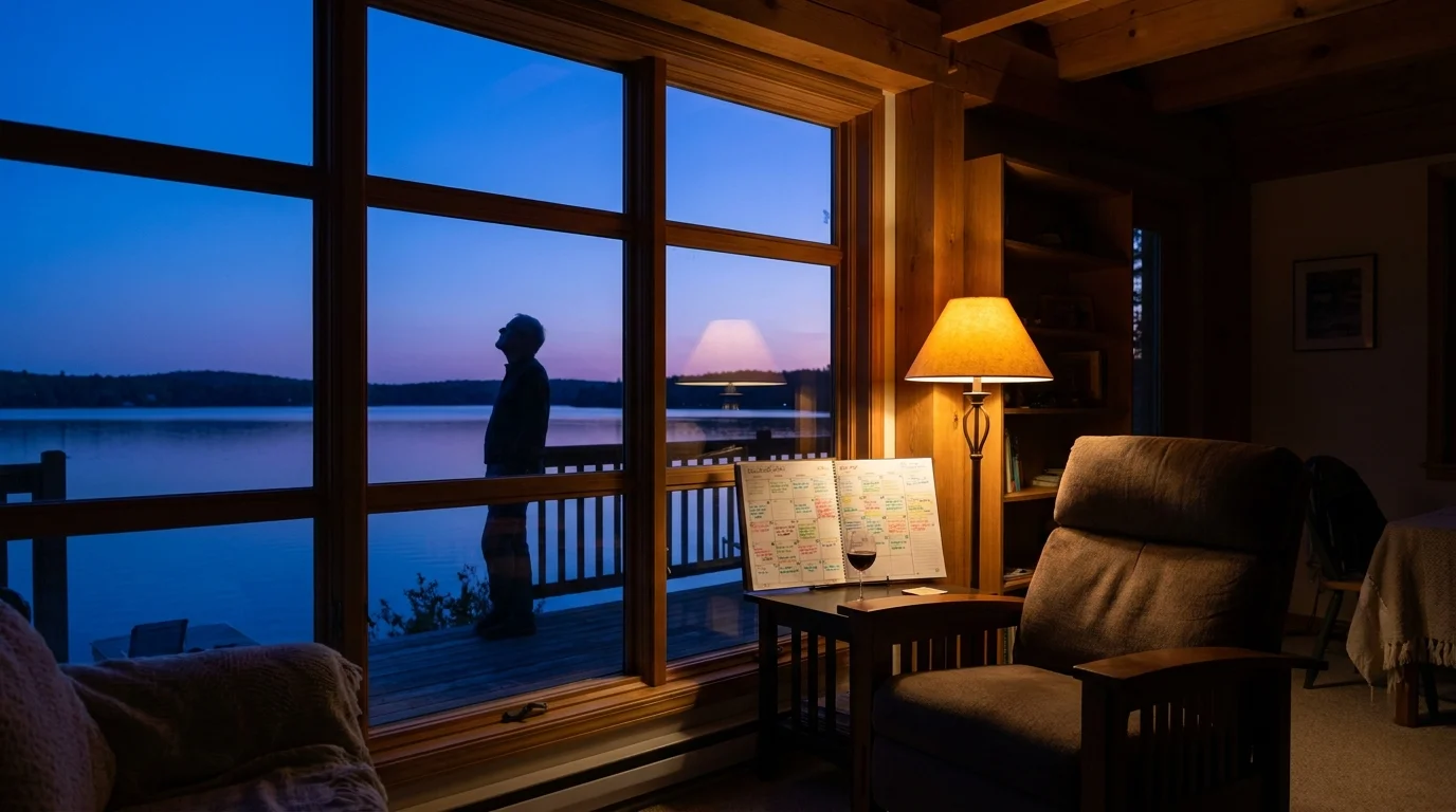 A serene living room at twilight with a view of a lake and a person looking at the stars.