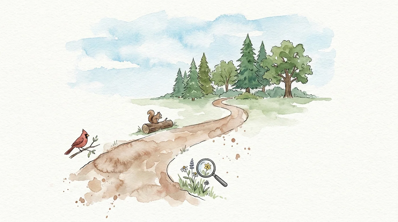 A serene watercolor painting of a winding forest trail with small ink sketches of a bird and a magnifying glass.