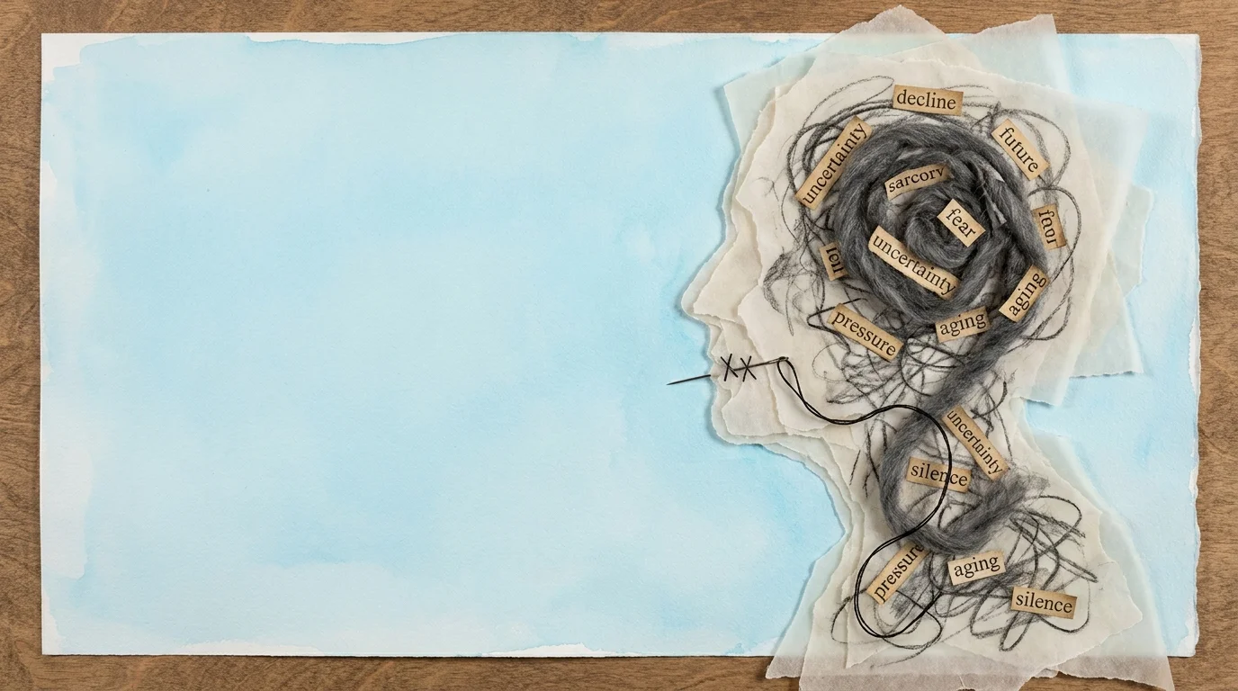 A silhouette of a person filled with dark wool and medical text, with their mouth symbolically sewn shut by black thread.