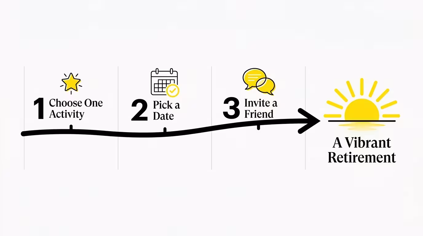 A simple 3-step diagram showing the process of choosing an activity, picking a date, and inviting a friend.