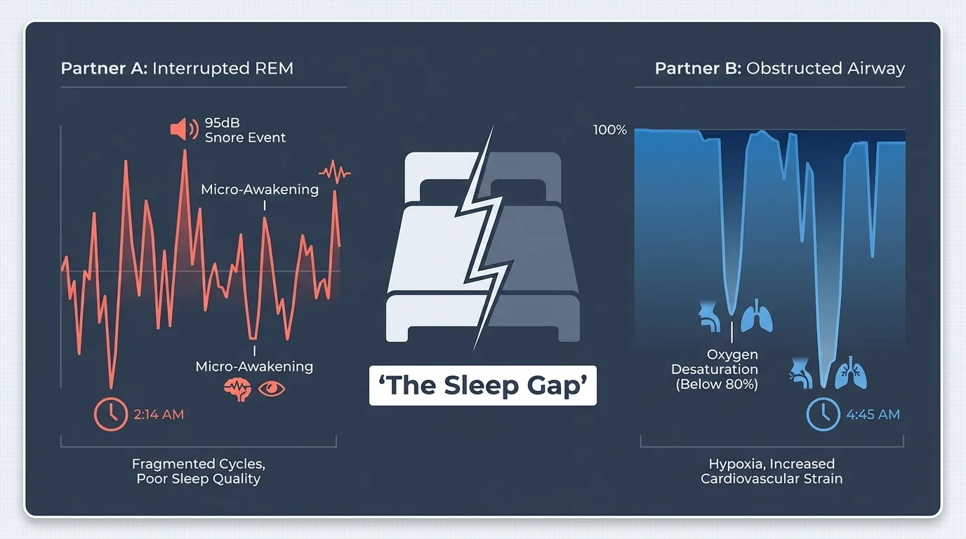 A sleep data diagram showing erratic REM cycles on one side and obstructed airway bars on the other, split by a bed icon.