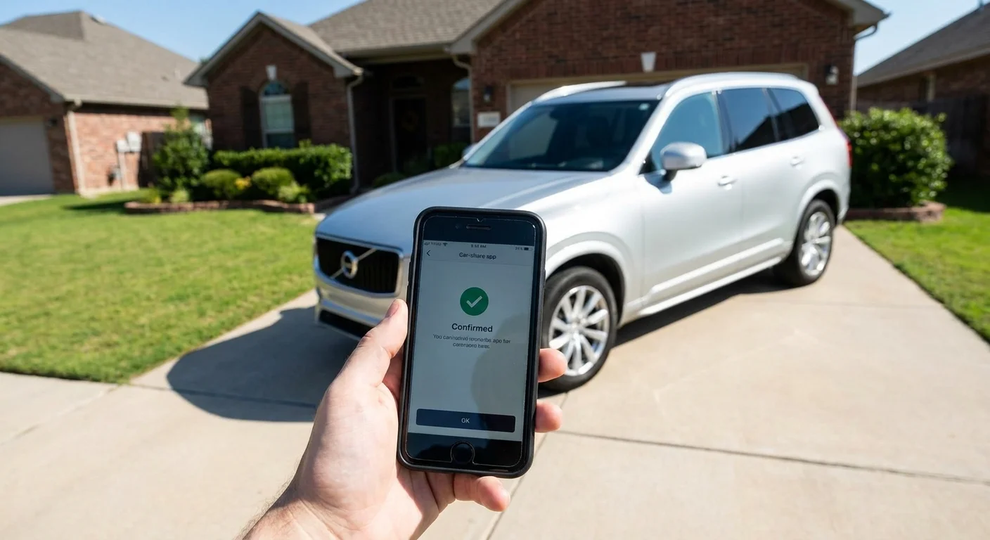 A smartphone held in front of a silver SUV in a driveway, showing a rental confirmation screen.