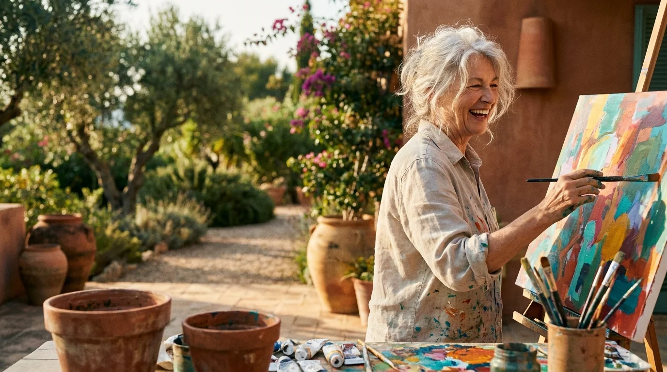 A smiling senior woman with silver hair paints on a canvas on a sunny patio, surrounded by lush green plants.