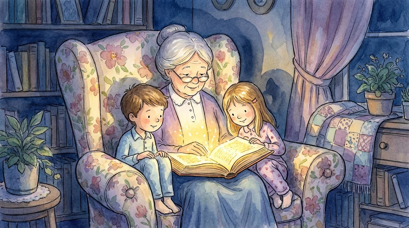 A soft watercolor illustration of a grandmother reading a glowing book to two children in a cozy armchair.