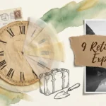 A sophisticated mixed media collage with a clock, watercolor washes, and a torn paper label reading 9 Retirement Expenses.
