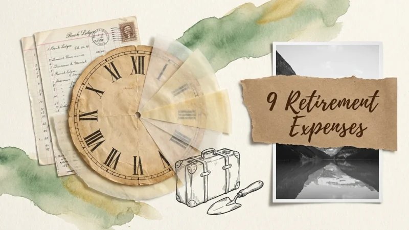 A sophisticated mixed media collage with a clock, watercolor washes, and a torn paper label reading 9 Retirement Expenses.