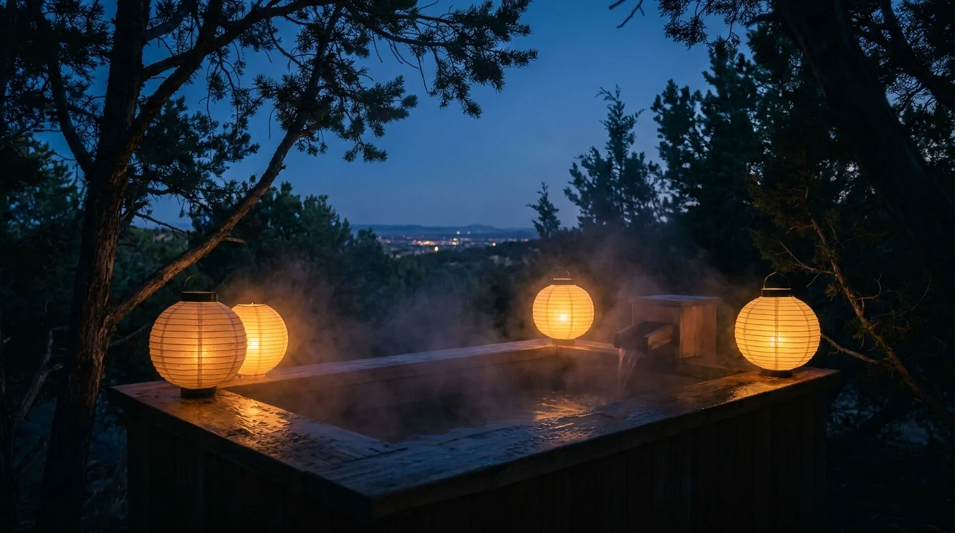 A steaming cedar soaking tub outdoors at night, surrounded by pine trees and soft lantern light in Santa Fe.