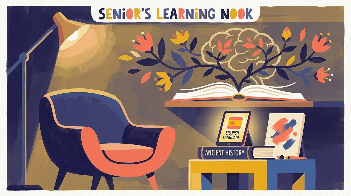 A stylized illustration of a cozy reading nook with books on history and languages, symbolizing lifelong learning.