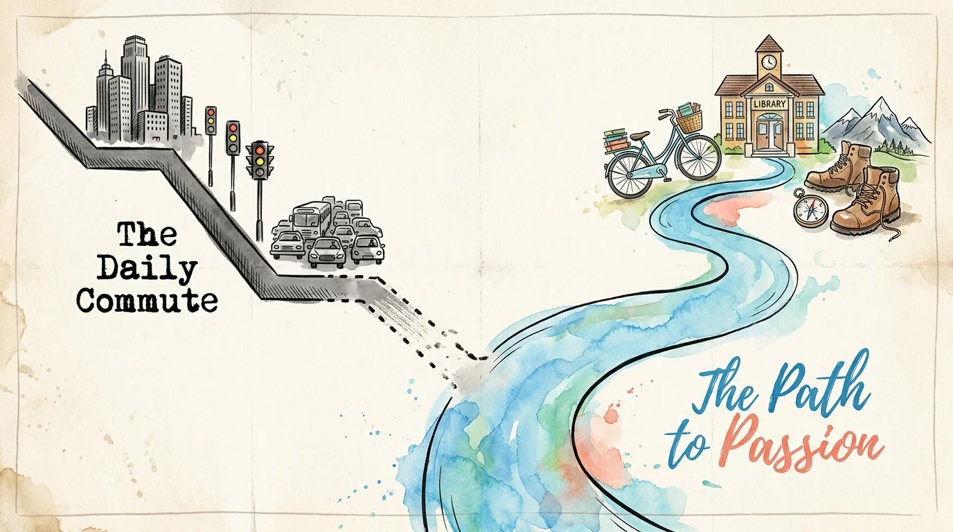 A stylized map showing a grey commute line fading away as a colorful blue path leads toward retirement hobbies like hiking and reading.