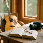 A sunlit table in a cozy home featuring a language book, a camera, and garden vegetables, with a guitar nearby.