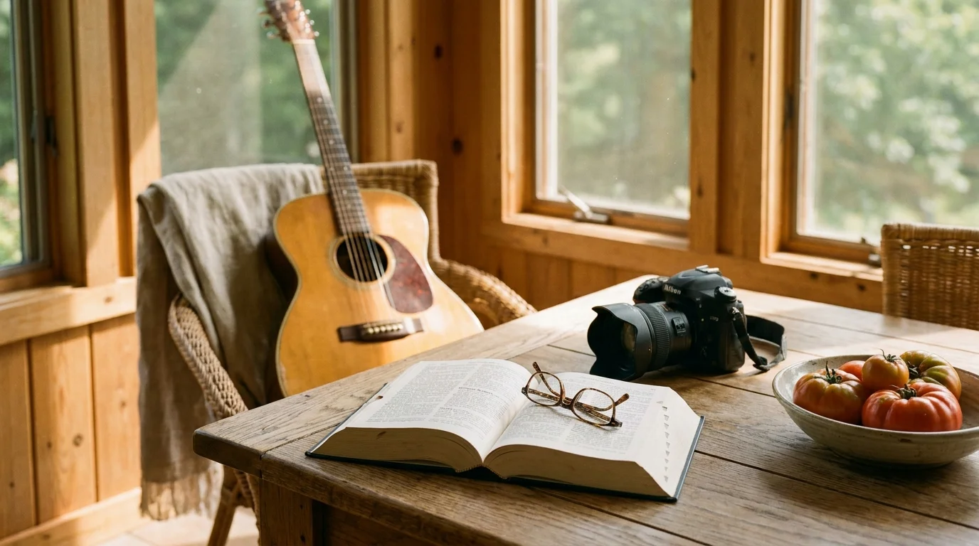 A sunlit table in a cozy home featuring a language book, a camera, and garden vegetables, with a guitar nearby.