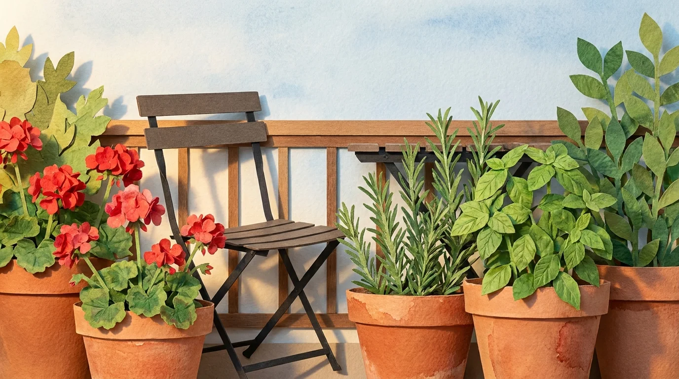 A textured paper-cut collage of a balcony garden with potted herbs, flowers, and a small chair under a soft blue sky.