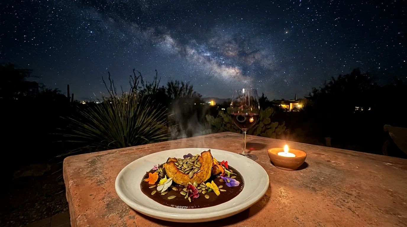 A top-down photo of a gourmet meal on a terracotta table under a brilliant, star-filled desert night sky.