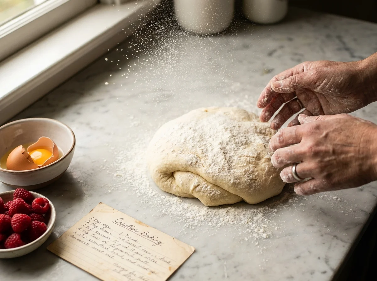 A top-down photo of a kitchen counter with flour, dough, and berries, capturing the creative process of baking.