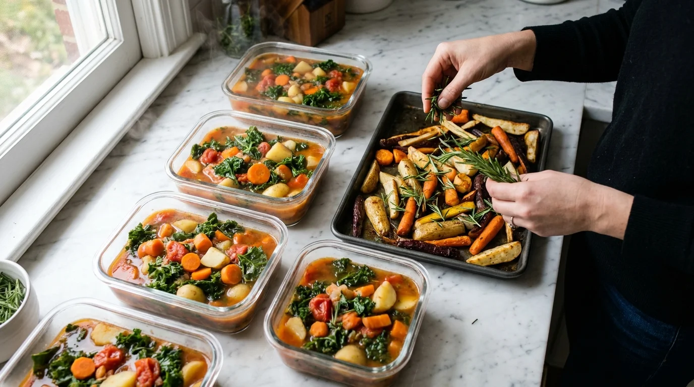 A top-down photo of a kitchen counter with glass containers of stew and hands seasoning roasted vegetables.
