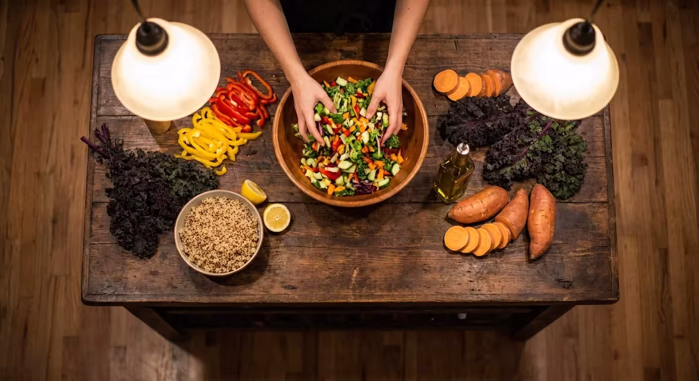 A top-down photo of colorful vegetables being prepared for dinner on a wooden kitchen island.