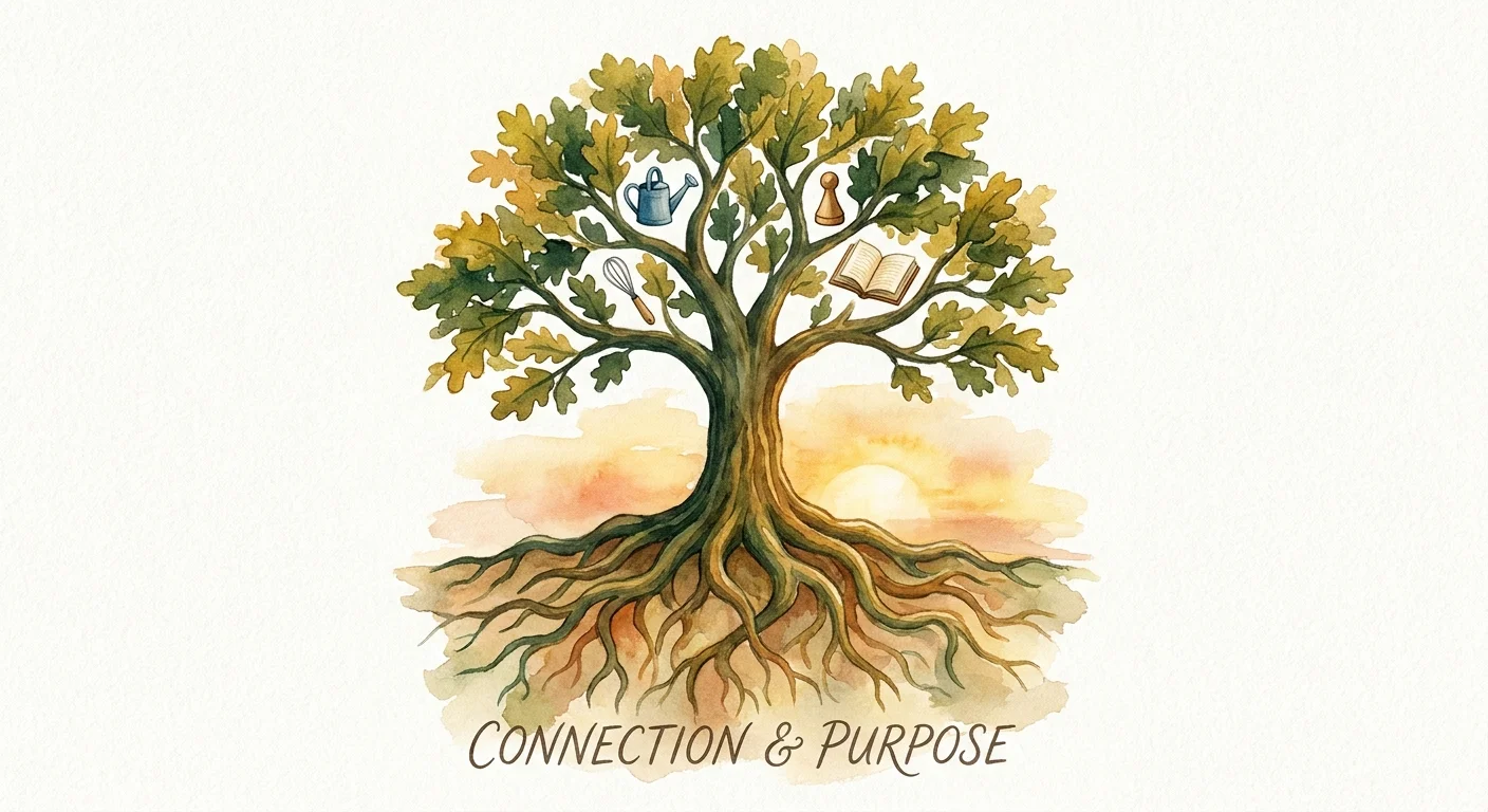 A vibrant watercolor painting of a large oak tree with symbols of family activities integrated into its branches.