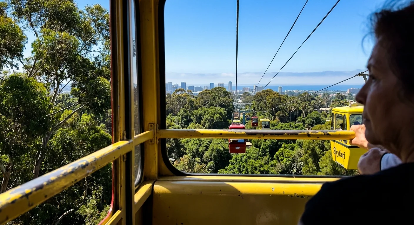 A view from the Skyfari aerial tram overlooking the lush green canopy of the San Diego Zoo and Balboa Park.