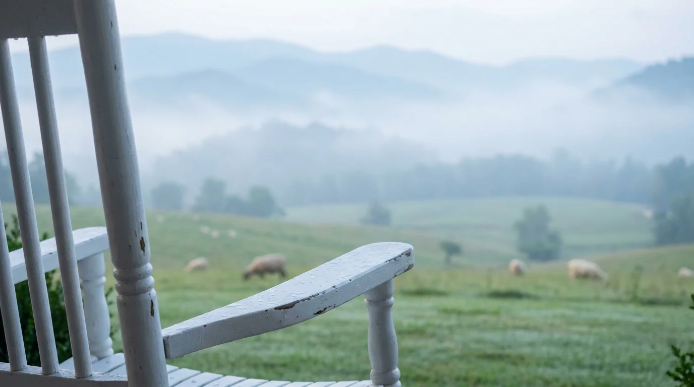 A view of the misty Great Smoky Mountains from a farmhouse porch, featuring rolling green pastures and a classic rocking chair.