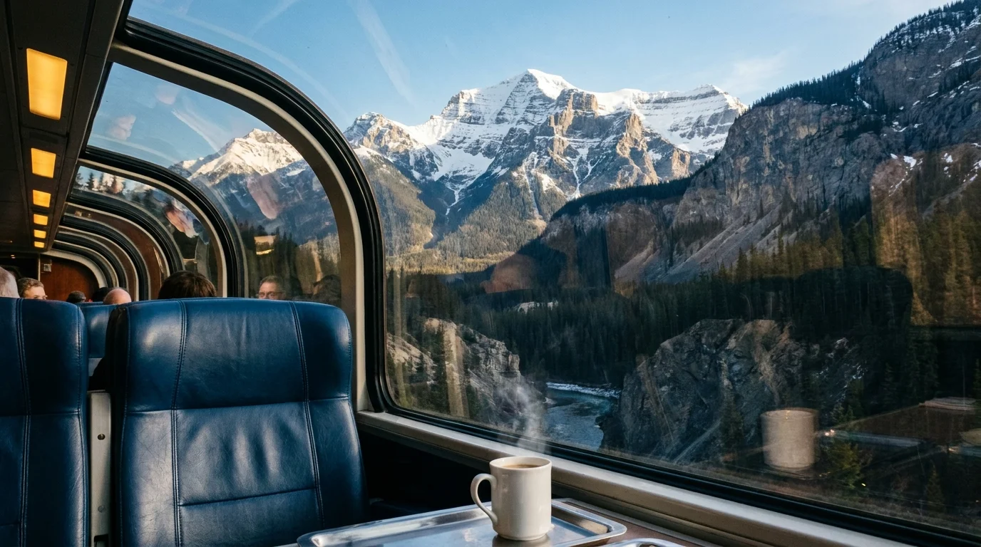 A view through a glass-domed train car window of the snowy Canadian Rockies.