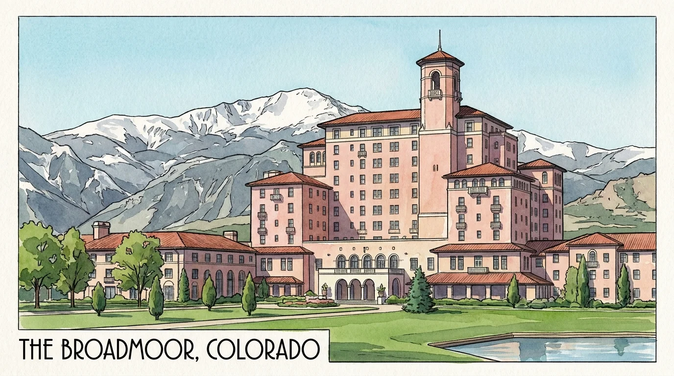 A vintage-style watercolor illustration of the historic Broadmoor hotel with the majestic Rocky Mountains in the background.