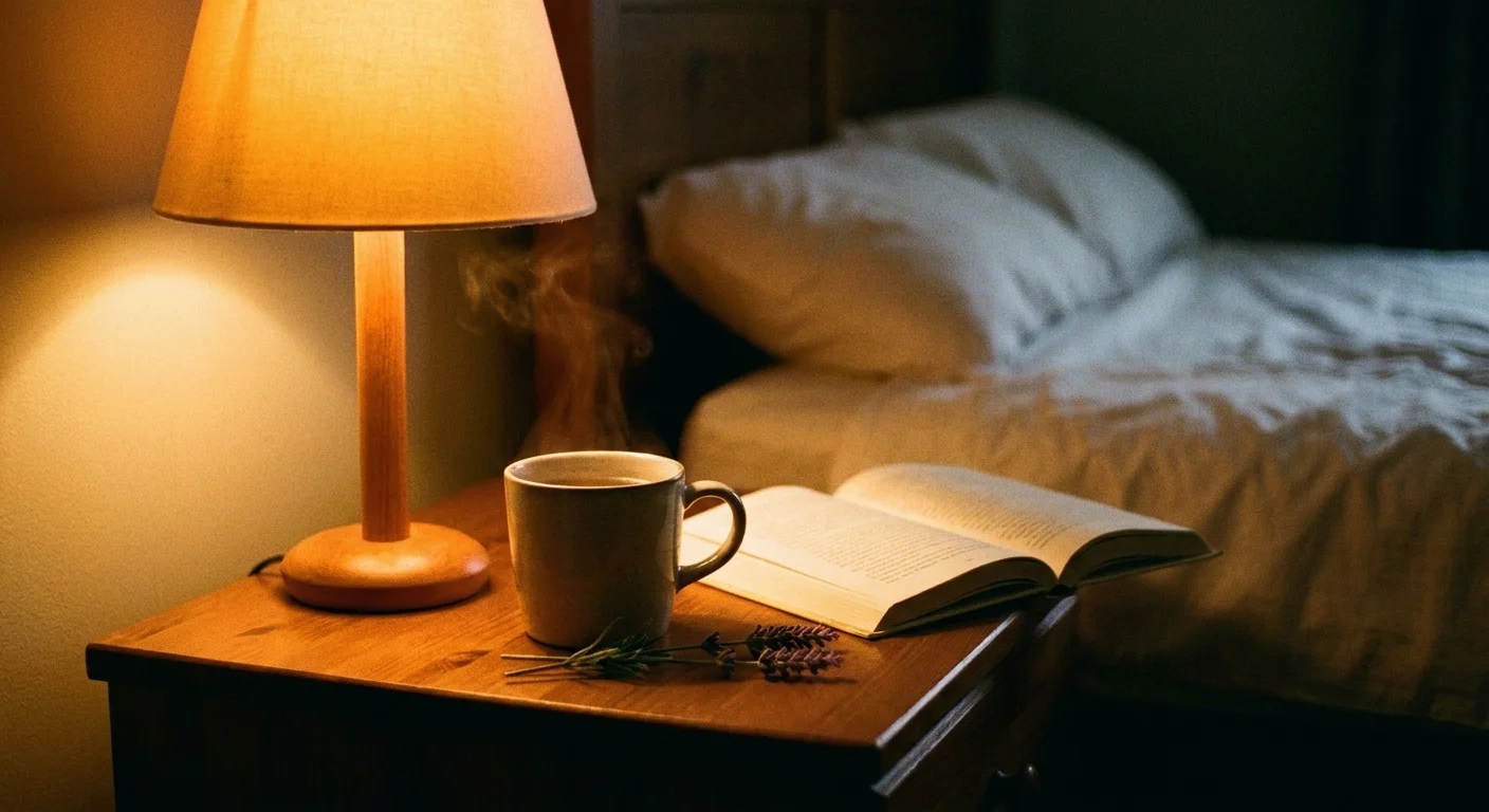 A warm, film-style photo of a bedside table with tea and a book, illustrating a peaceful evening routine.