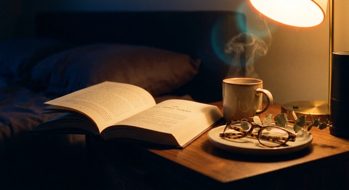 A warm lamp-lit bedside table with an open book and a steaming mug in a dark room.