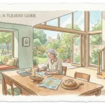 A warm watercolor illustration of a retiree's home filled with books, art supplies, and maps, symbolizing a vibrant and active daily life.