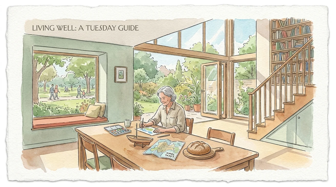 A warm watercolor illustration of a retiree's home filled with books, art supplies, and maps, symbolizing a vibrant and active daily life.