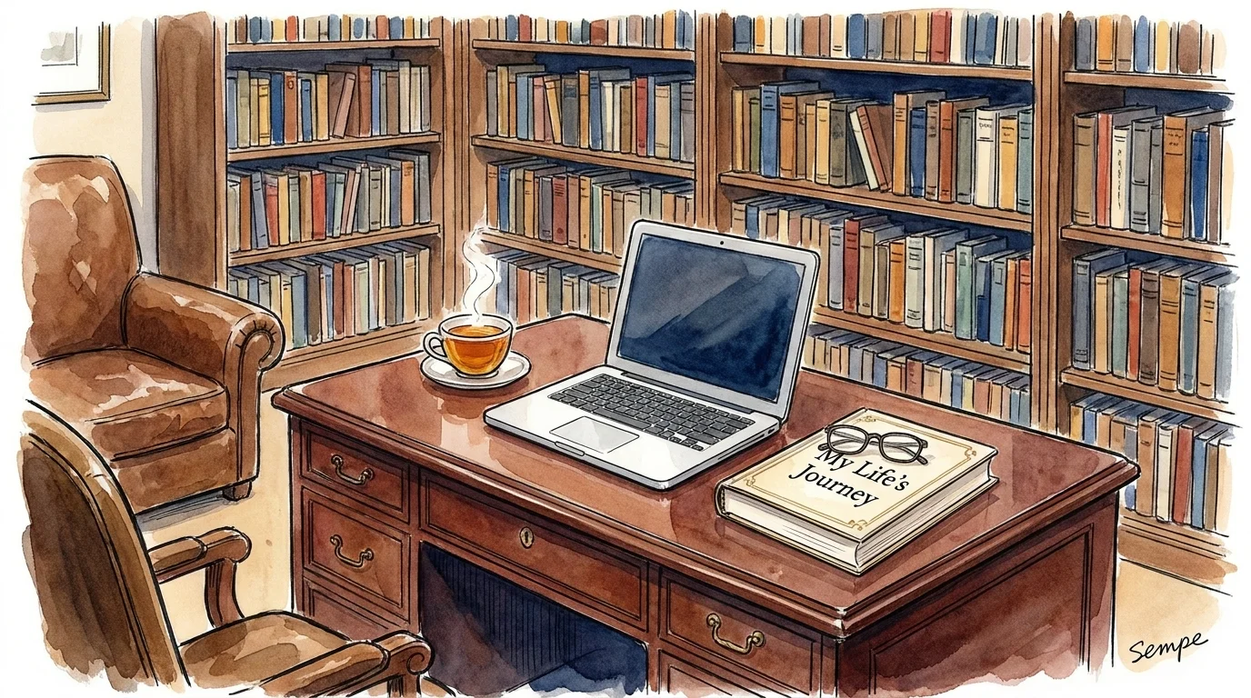A watercolor illustration of a desk with a laptop, a cup of tea, and a self-published memoir titled 'My Life's Journey'.