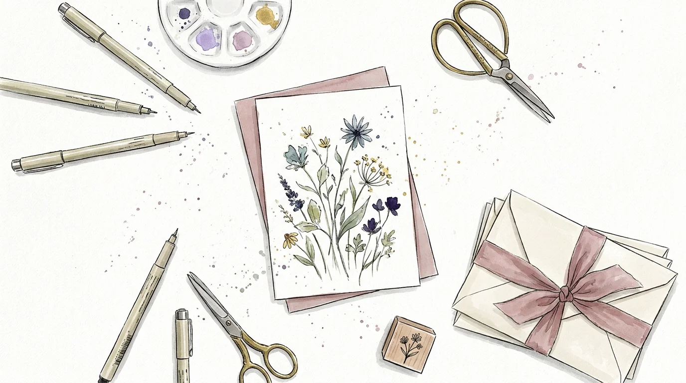 A watercolor illustration of a desk with hand-painted floral greeting cards, ink pens, and a paint palette.