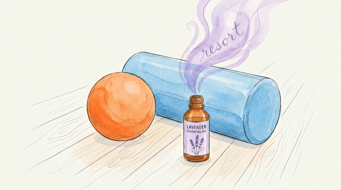 A watercolor illustration of a foam roller, massage ball, and essential oil on a wooden floor.