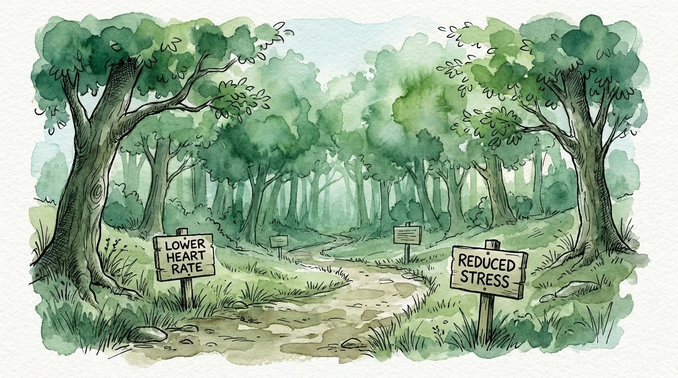 A watercolor illustration of a forest path with signs about lower heart rate, symbolizing the benefits of nature walks.