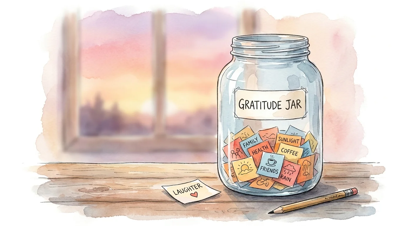 A watercolor illustration of a glass jar filled with colorful slips of paper, representing daily gratitude.