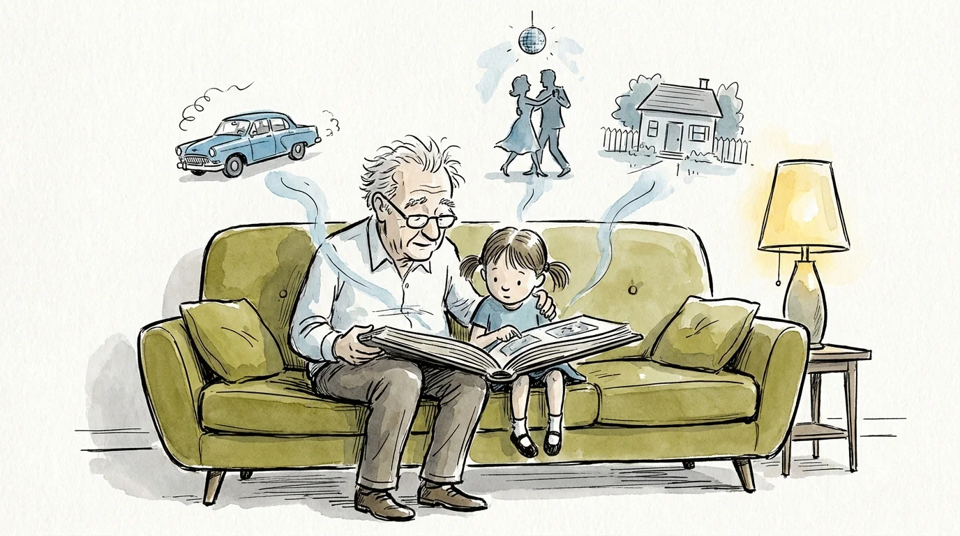 A watercolor illustration of a grandfather showing a photo album to his granddaughter as tiny sketches of his past stories float above.